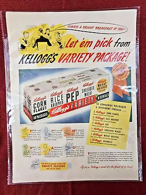 1940's Kellogg's Variety Pack Cereal Ad Resealable Plastic Sleeve Framable EUC • $16.95