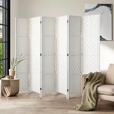 Oikiture 6 Panel Room Divider Screen Privacy Dividers Woven Wood Folding White • $125.90