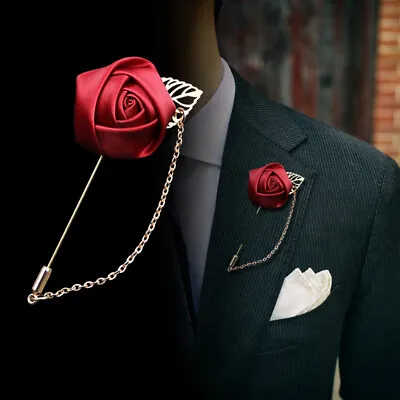 Men Rose Flower Lapel Brooch Pin Suit Tuxedo Wedding Boutonniere Handmade Hot • $3.08