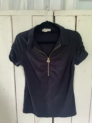 Michael Kors Authentic! Womens Ruched Mk Logo Part Zip Polo Shirt Black Sz  L • $34.99