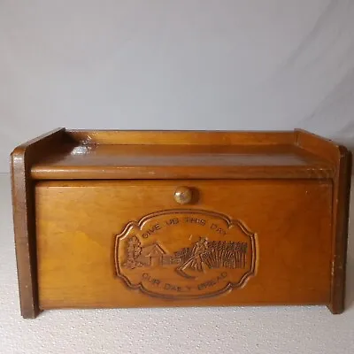 Vintage Carved Wood Bread Box Give Us This Day Our Daily Bread 16  X 8”x7.5  • $25