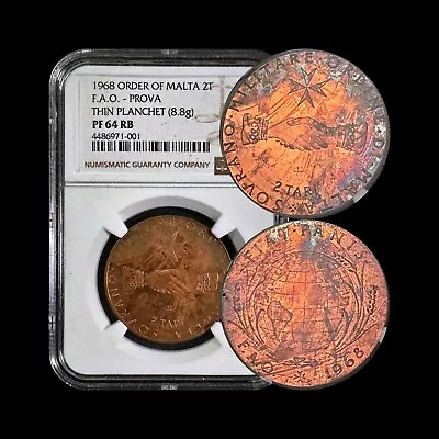 MALTA. 1968 2 Tari - NGC PF64 - Top Pop 🥇 FAO Globe Maltese Cross 🌈 Toned • $127.49