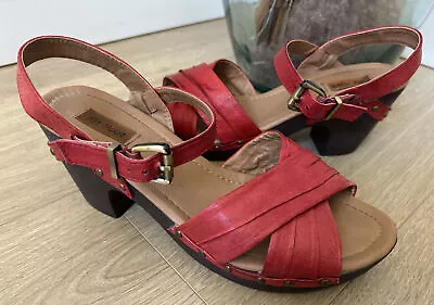 Miz Mooz Open Toe Sandal Ankle Strap Block Heel Red Leather Stud Detail Size 8.5 • $29.99