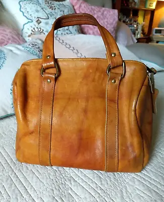 Vintage 1960 Doctors Style Distressed Camel Leather Handbag By Kadin Made In USA • $140