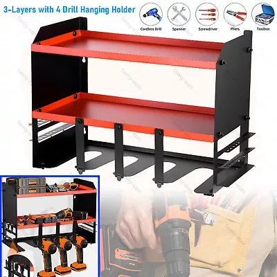 Power Tool Organizer 4 Drill Holders Wall Garage Tool Storage Unit Rack 3-Layer • £25.18