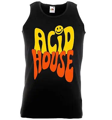 Mens Acid House Rave Dance Music Festival 80's 90's Unisex Black Vest Top • £12.95