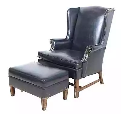 Chippendale Style Black Leather Arm Chair And Ottoman With Brass Nailhead Trim • $899