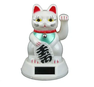 White Maneki Neko Japanese Beckoning Fortune Money Lucky Cat Solar Power 5  New • $9.99