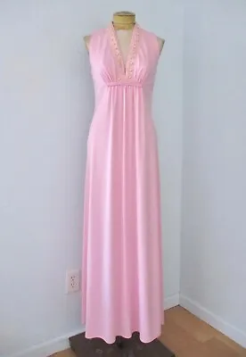 Vtg 70s Pink Poly Maxi Dress Prom Gown Empire Waist Pearls Lace V-Plunge S/M • $39.99