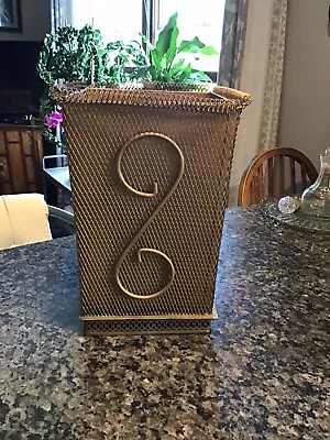 ANTIQUE MID CENTURY Atomic Gold Metal Mesh Trash Can Waste Basket SPIRAL 13” • $49.90