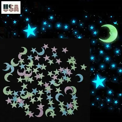 Glow In The Dark 50/100/200 ~ 3D Stars Half Moon Mix Color ~ Wall Decor 3 Sizes • $5.95