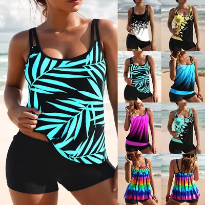 Womens Padded Tankini Set Boy Shorts Swimsuit Bathing Beach Swimwear Costume • £14.99