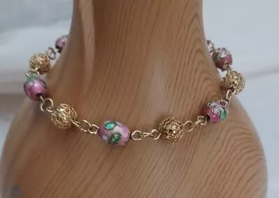 Vintage Cloisonne Intricate Design Asian Bead/Ball Chain Bracelet Estate Jewelry • $35