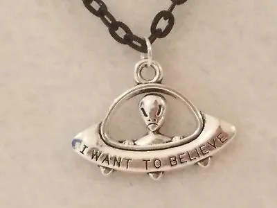 Silver Tone  I Want To Believe  Alien UFO Pendant Black Chain Necklace • $2.25