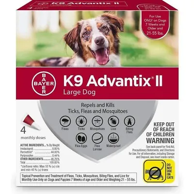 K-9 Advantix II Flea Control For Large Dogs (21-55 Lbs) 4 Dose/4 Month Supply • $72.75