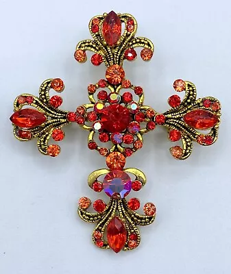 B6-651 Vintage Brooch Gold Tone Pin 2.5  Religious Red Rhinestone Crystal Cross • $5.99