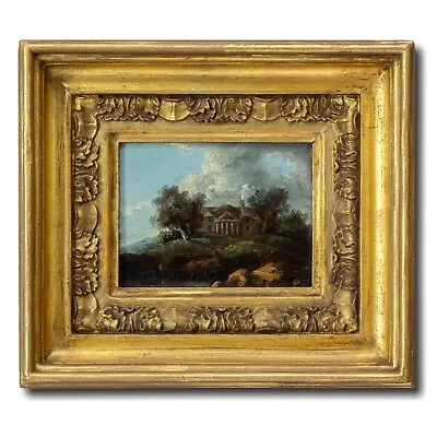 Mansion On A Hill | Small 18th Century Oil Painting Antique Gold Gilt Frame • £86