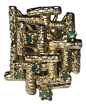 Vintage 14k Yellow Gold Massive Heavy Brutalist Emerald Cocktail Ring Size 7 • $1795