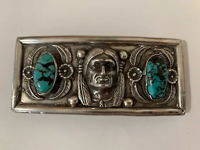 Vintage Sterling Silver Turquoise Native American Belt Buckle • $575