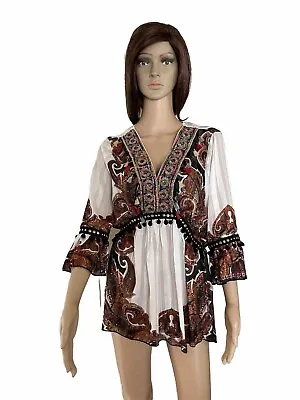 Medieval Luxe Moda Top Tunic Knit Lace Ribbon Tassel Embroidered M Size EUC • $14.90