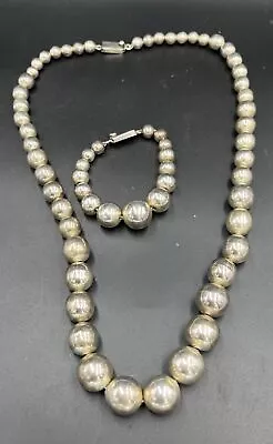 Vintage Sterling Silver Graduated Beaded Necklace & Bracelet 22” 91 Grams Mexico • £143.70