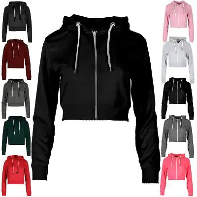 Womens Long Sleeve Crop Hoody Ladies Zipper Sweatshirt Plain Fleece Hooded Top • £5.49