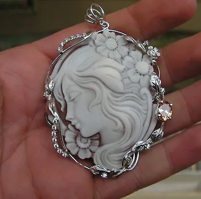 VINTAGE Silver Gold CAMEO SHELL SARDONYX WELL CARVED  MADE IN ITALY Lady Flowers • $237.99