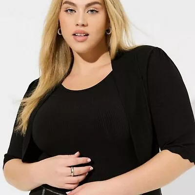 TORRID NWT Size 0x Large Black Shrug 3/4 Sleeve Scallop Fitted Shrug Sweater • $39