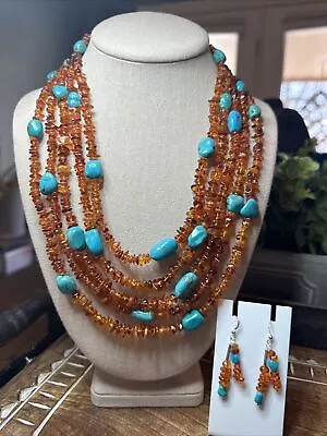 Mine Finds Jay King 5 Strand Genuine Amber & Turquoise Necklace & Earrings Set • $239