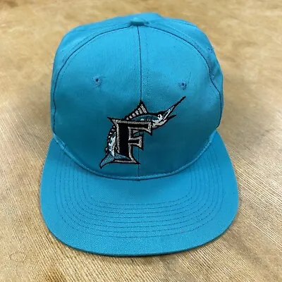 Vintage 90s Florida Marlins MLB Snapback Hat Cap Big Plain Logo Teal Men’s OSFA • $19.34