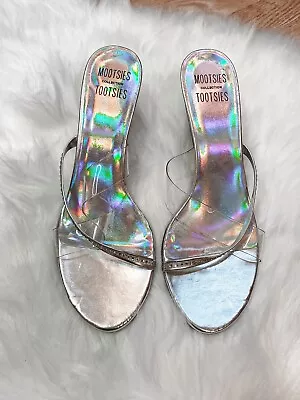 Vintage Mootsies Tootsies Iridescent Silver Slip On Heeled Sandals Size 8.5 • $15