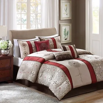 Chic 7pc Deep Red & Taupe Striped Geometric Comforter Set AND Decorative Pillows • $151.99