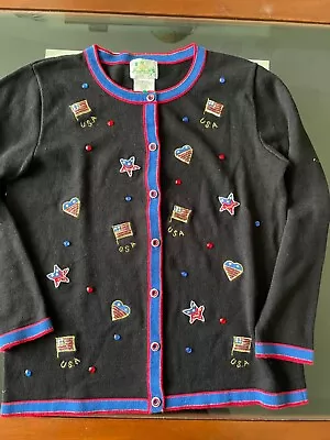 Vtg Quaker Factory Americana Sweater Grandma Chic Stars Stripes Flags Black M • $16.99