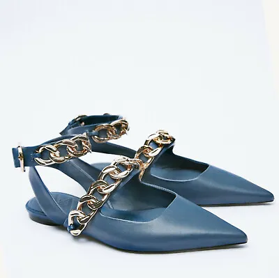 Zara New Woman Flat Ballerinas With Chain Ankle Strap Petrol Blue 35-42 1555/810 • $89.78