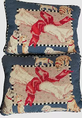 Vintage Needlepoint Pillows Dogs With Bow Tied Bone By Through The Looking Glass • $68.84