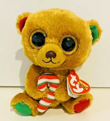 Ty Beanie Boo Bella The Christmas Bear  Brown Green Red Candycane 15cm  Tag • $25.29