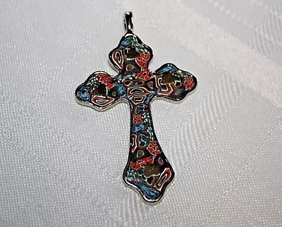 Vintage Silver Tone Abstract Millefiori Hearts Design 2.5  Cross Pendant • $32