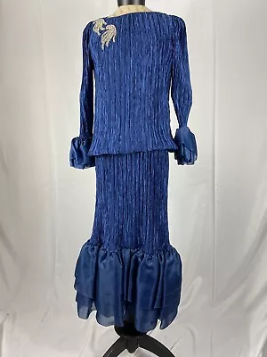 MARY MCFADDEN Vintage Blue Fortune Pleats Size 6 Embellished Dress Gown • $599