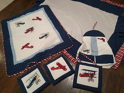 Sweet Jojo Vtg Airplane Plane Baby Boy Crib Bedding Set Quilt Blanket Aviation • $74