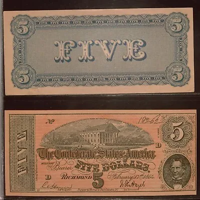 Confederate State Of American $5 Dollar Bill Paper Money (1960's REPRODUCTIONS) • $2.50