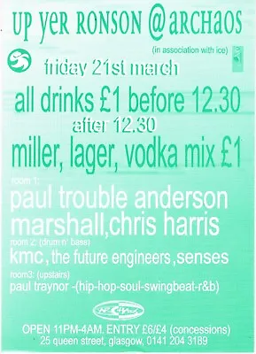 UP YER RONSON Rave Flyer A6 Year Unknown Archaos Glasgow Scotland Paul Anderson • £2.50