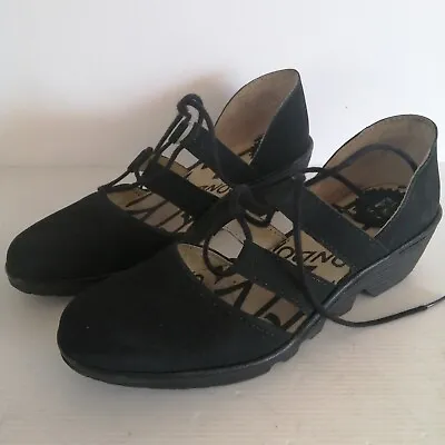 £9.99 • Buy Fly London Black Nubuck Leather Poma Tie Front Mary Jane Wedges UK Size 5/6