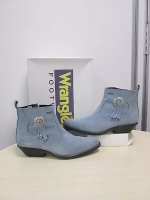 Wrangler Pale Blue Suede Leather Ankle Cowboy Boots Ladies Size UK 7 Boxed • £10.50