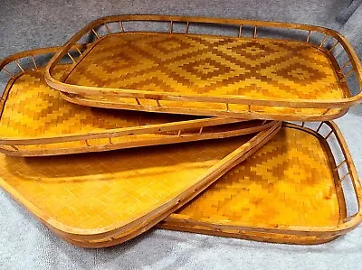 Vintage Lot Set Of 4 Rattan Bamboo Trays Wicker Tiki MCM Serving Picnic 19x13 • $29.99