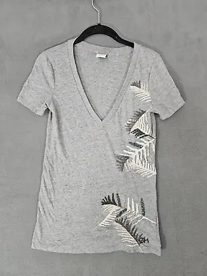 Gilly Hicks Womens Deep Vneck T Shirt Gray Embroidery Size Small Leaves Beaded  • $10