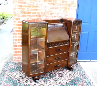 English Antique Oak Art Deco Leaded Glass Side By Side Drop Front Desk /Bookcase • $1600