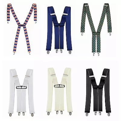 MENS ADJUSTABLE BRACES SUSPENDERS 35mm WIDE ELASTIC PLAIN CLASSIC X & Y SHAPE • £4.89