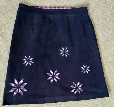 Vintage LAURA ASHLEY Lined Needlecord Navy Blue Embroidered Skirt S 12 Corduroy • £18.50