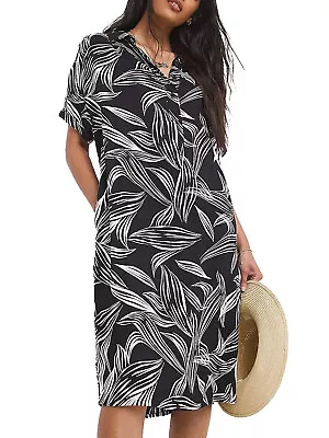 JD Williams Black Printed Relaxed Viscose Twill Shirt Dress 14 16 20 30 32 • £20.69