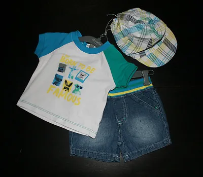 NEW Baby Boys Absorba Paris Born To Be Famous Shirt Shorts Cap Outfit 0-3 Months • $11.25